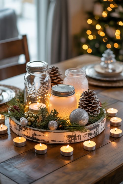 Dining table decorated with budget-friendly Christmas centerpieces, including mason jar lanterns, pine cone candle jars, snowy jars, evergreen sprigs, and candles, creating a cozy and festive holiday atmosphere.