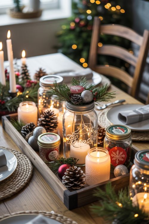Dining table decorated with budget-friendly Christmas centerpieces, including mason jar lanterns, pine cone candle jars, snowy jars, evergreen sprigs, and candles, creating a cozy and festive holiday atmosphere.