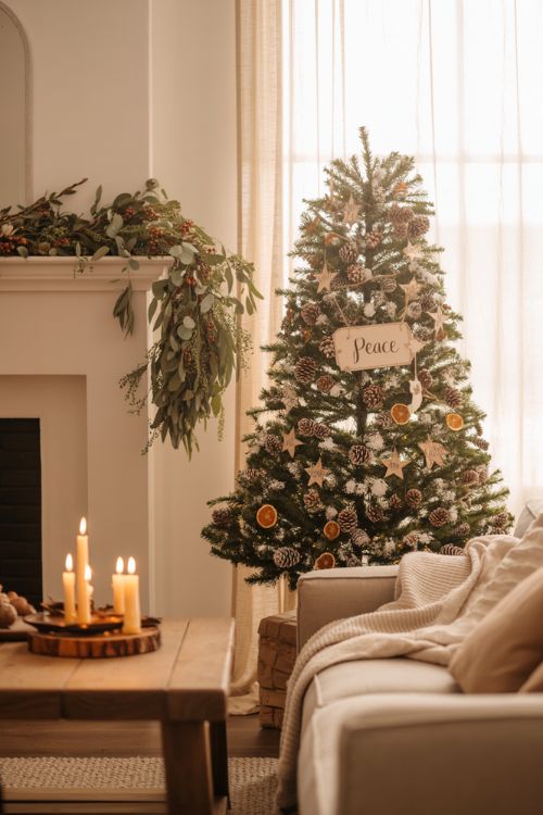 Earthy Christmas decor featuring rustic wooden ornaments, pinecones, greenery garlands, and natural textures in a cozy living room.