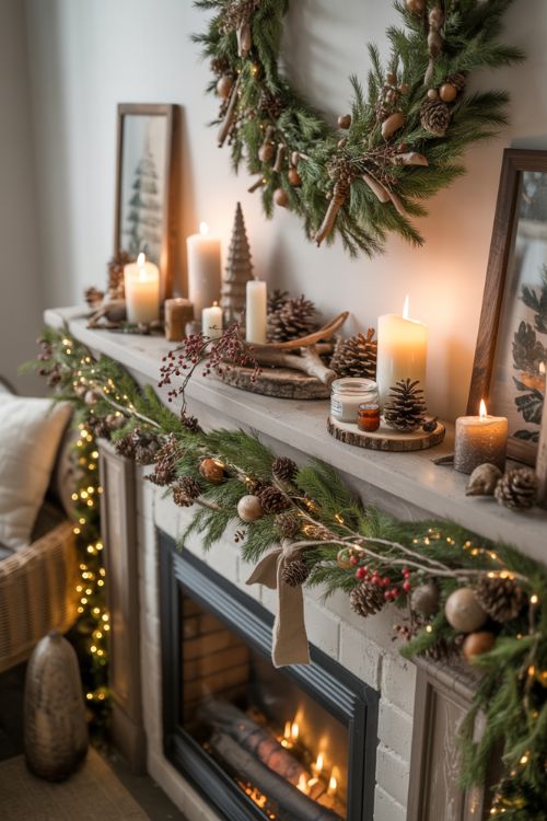 Earthy Christmas mantel and fireplace decorated with candles, driftwood, pinecones, evergreen and berry garlands, and warm LED lights.