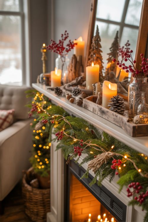 Earthy Christmas mantel and fireplace decorated with candles, driftwood, pinecones, evergreen and berry garlands, and warm LED lights.