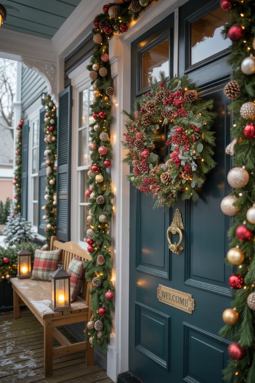 Elegant Christmas Front Porch with Wreath and Garland