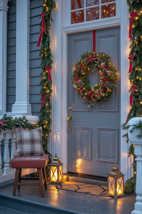 Elegant Christmas Front Porch with Wreath and Garland