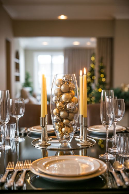 Elegant Christmas Table Centerpiece with Metallic Ornaments and Candles