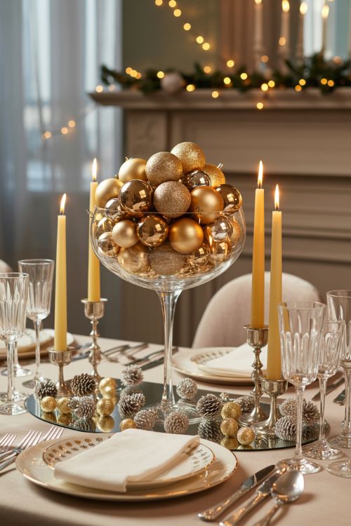 Elegant Christmas Table Centerpiece with Metallic Ornaments and Candles