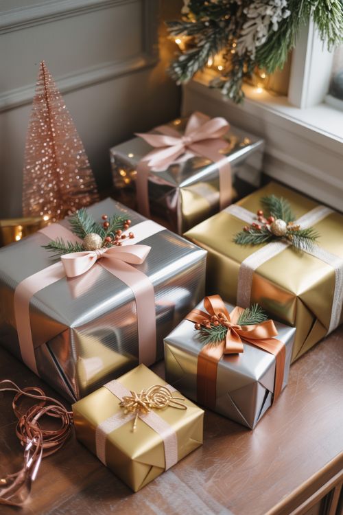 Elegant Christmas wrapping ideas featuring gifts wrapped in metallic silver and gold paper with blush ribbons, copper accents, and subtle festive decorations like faux garlands and jingle bells.