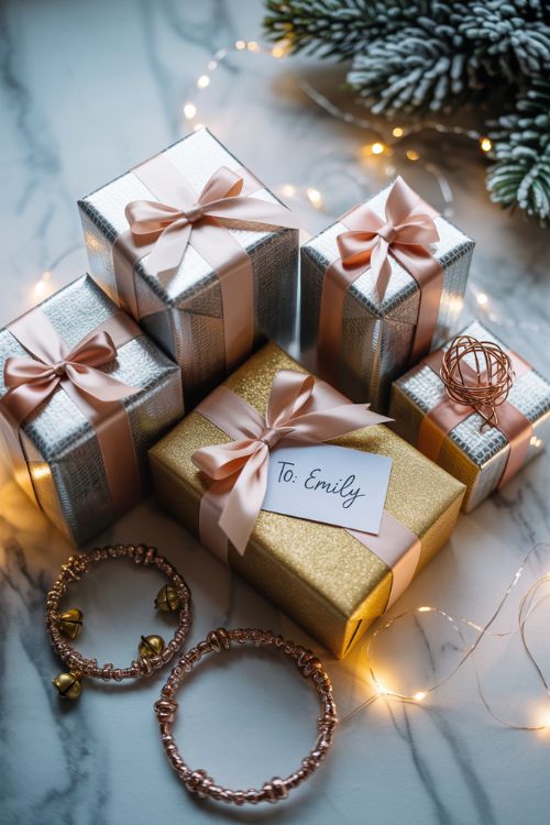Elegant Christmas wrapping ideas featuring gifts wrapped in metallic silver and gold paper with blush ribbons, copper accents, and subtle festive decorations like faux garlands and jingle bells.