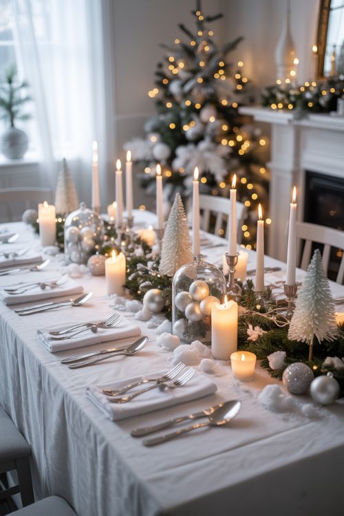 Elegant white Christmas dining room with silver cutlery, white candles, faux snow, and winter greenery centerpiece for a festive holiday table setting.