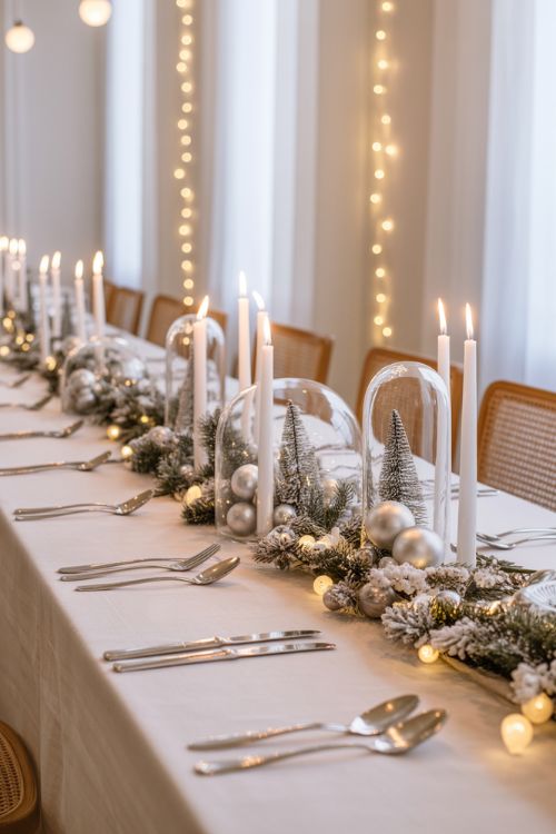 Elegant white Christmas dining room with silver cutlery, white candles, faux snow, and winter greenery centerpiece for a festive holiday table setting.