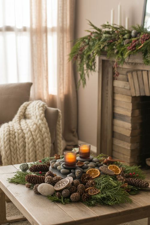 Earthy Christmas decor featuring pinecones, evergreen branches, dried fruits, seed pods, driftwood, and layered natural textures in a cozy living room.
