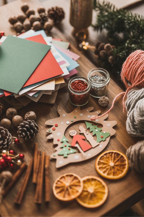 Festive crafting table with essential materials for Christmas decorations including paper, yarn, beads, pinecones, and dried oranges.
