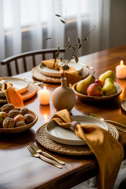 Fall Thanksgiving dining table decorated with woven chargers, ceramic plates, clay vases, wooden bowls, and linen napkins, styled with natural earthy textures for a cozy autumn atmosphere.