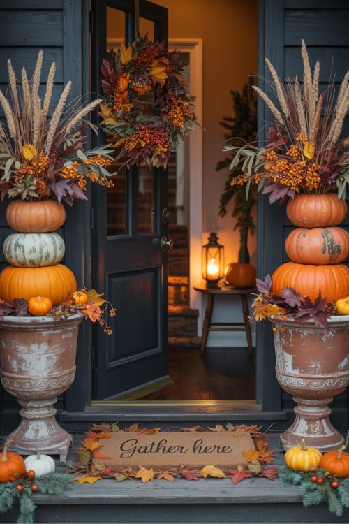 Fall Thanksgiving front porch with stacked pumpkins in urns, an autumn wreath on the door, glowing lanterns, and a leaf-patterned doormat for a cozy, festive welcome.