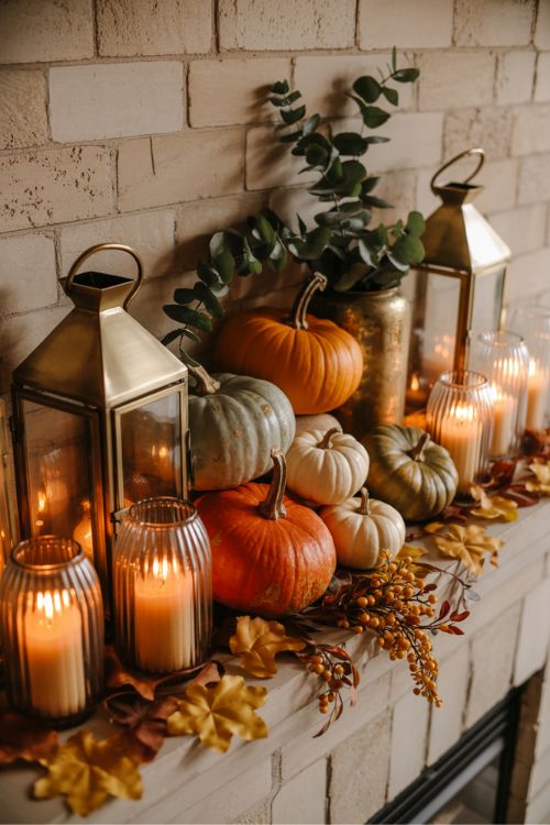 Fall Thanksgiving mantel decorated with candles in glass vases, pressed autumn leaves, pumpkins, lanterns, and dark foliage, creating a cozy layered seasonal focal point.