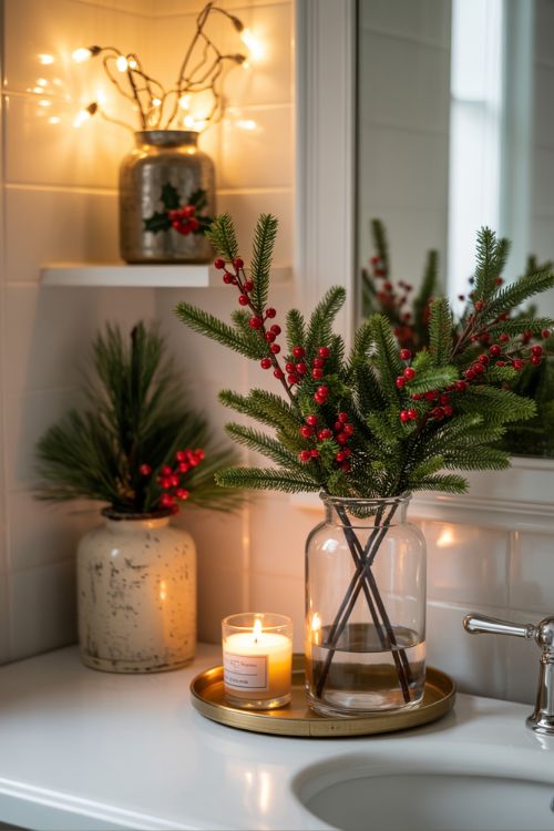 Christmas bathroom decor with faux greens in vases, mini pine trees, holly branches, and twinkle light accents.