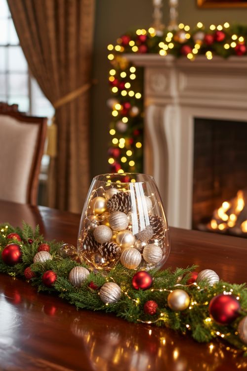Festive Christmas dining table centerpiece with glass vase of mini ornaments, pinecones, fairy lights, and cascading greenery with red and gold baubles, creating a warm and inviting holiday atmosphere