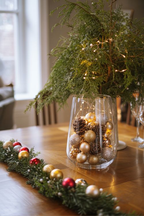 Festive Christmas dining table centerpiece with glass vase of mini ornaments, pinecones, fairy lights, and cascading greenery with red and gold baubles, creating a warm and inviting holiday atmosphere