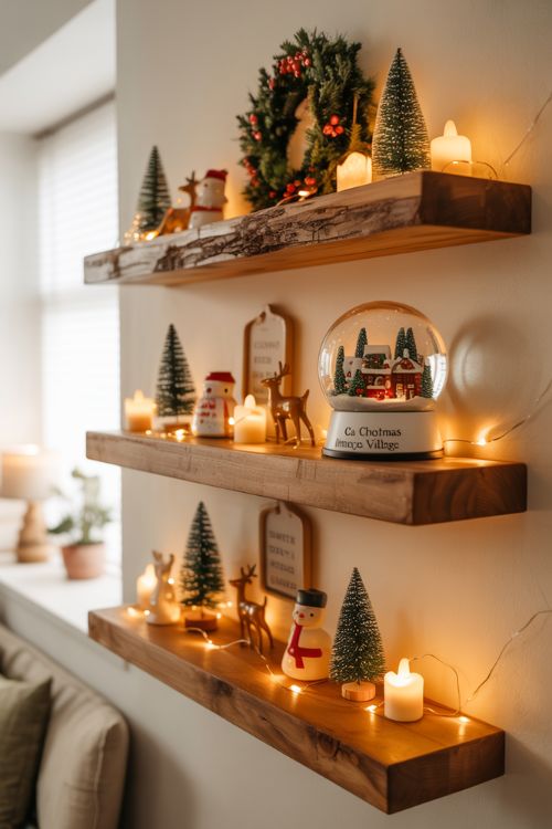 Floating Shelves with Mini Christmas Scenes
