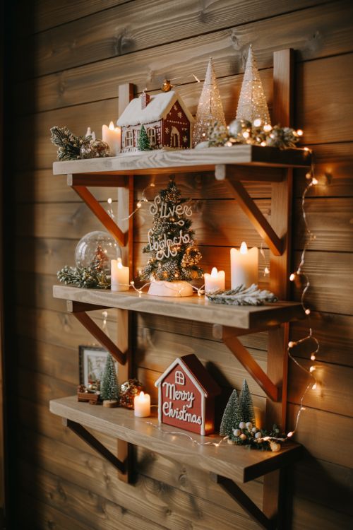 Floating Shelves with Mini Christmas Scenes