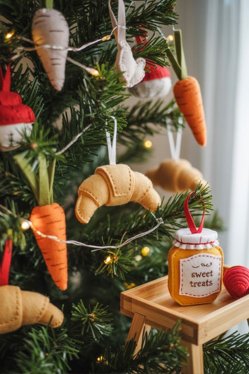 Christmas tree decorated with handmade felt food ornaments including croissants, carrots, and a honey jar, creating a whimsical and cozy holiday market-inspired theme
