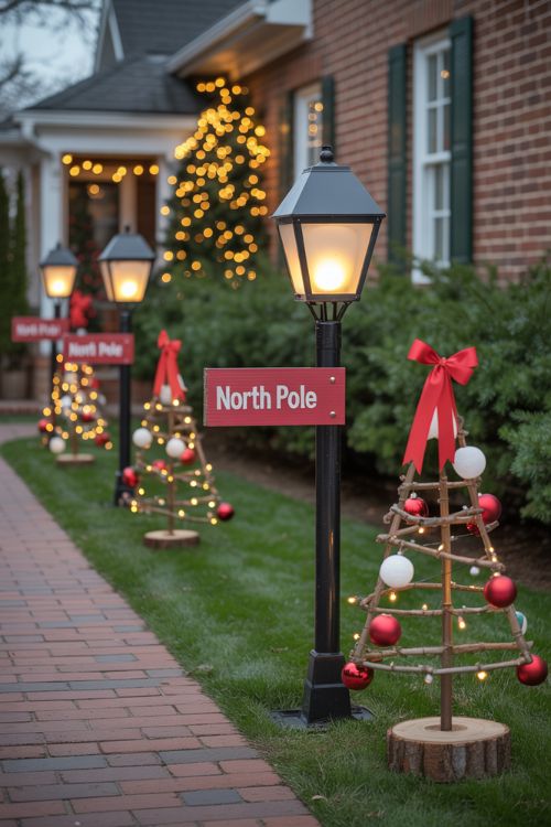 Front yard decorated with budget-friendly Christmas decor, including DIY North Pole solar lamps, string lights on bushes and fences, thrift store ornament trees, and snow-topped yard stakes, creating a warm and festive holiday scene.