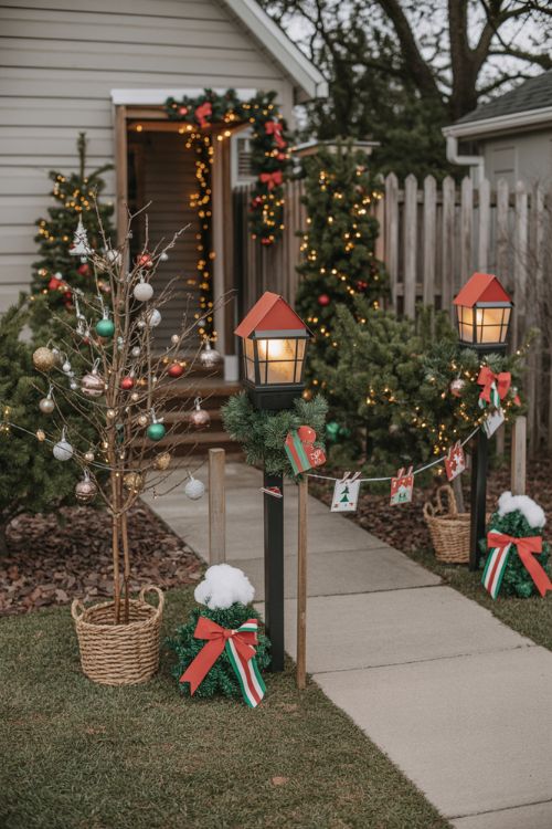 Front yard decorated with budget-friendly Christmas decor, including DIY North Pole solar lamps, string lights on bushes and fences, thrift store ornament trees, and snow-topped yard stakes, creating a warm and festive holiday scene.