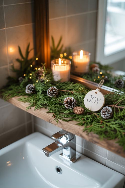 Christmas bathroom decor with a wooden shelf decorated with fresh greens, pinecones, and rustic holiday accents.