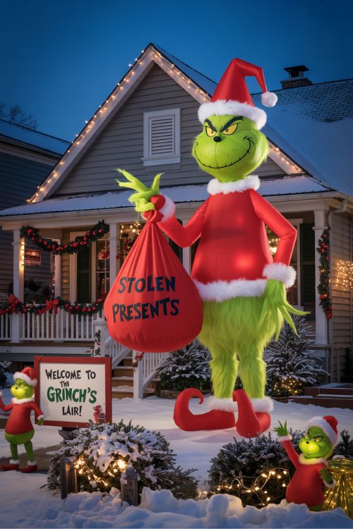 Outdoor yard decorated with Grinch Christmas decorations, including inflatable Grinch, lighted garlands, life-sized figures, and a playful “Christmas thief” scene.