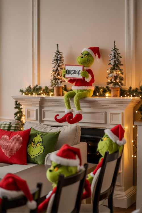 Indoor Grinch Christmas decorations with plush figurines on the mantel, Grinch-themed throw pillows, and dining chairs decorated with Grinch hats.