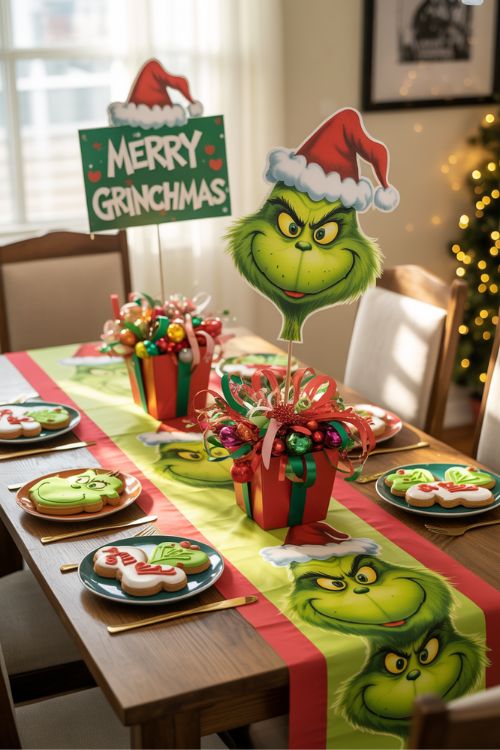 Grinch-themed holiday party with DIY centerpieces, Grinch cookies, table runner decor, and “Merry Grinchmas” signs.