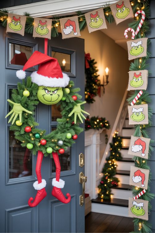 Grinch-themed Christmas wreath with Santa hat and garlands decorated with Grinch faces and candy cane accents on a festive entryway.
