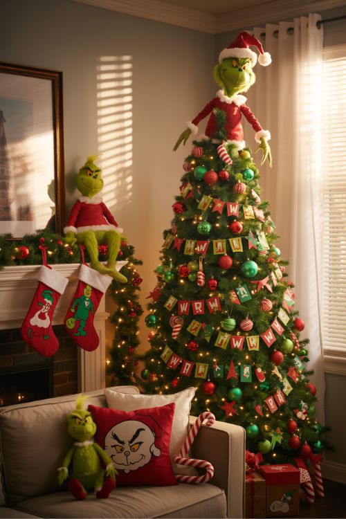 living room with Grinch Christmas decorations, featuring a Grinch tree topper, Whoville garlands, and plush figurines on the mantel.
