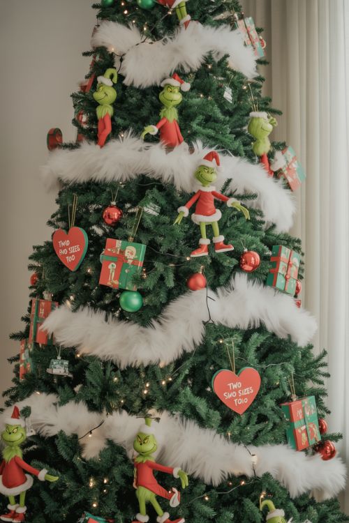 Christmas tree decorated with Grinch ornaments, faux fur garlands, red and white baubles, and whimsical Whoville-style mini presents.