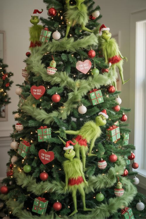 Christmas tree decorated with Grinch ornaments, faux fur garlands, red and white baubles, and whimsical Whoville-style mini presents.