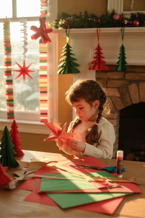 Cozy room decorated with handmade Christmas paper crafts, including 3D snowflakes, origami stars, and layered paper trees, with children crafting.
