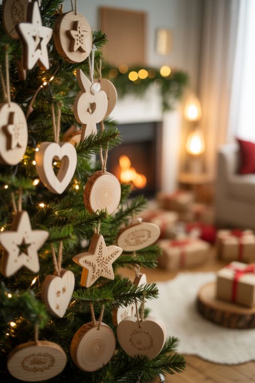 Handmade Wooden Christmas Ornaments on Cozy Tree