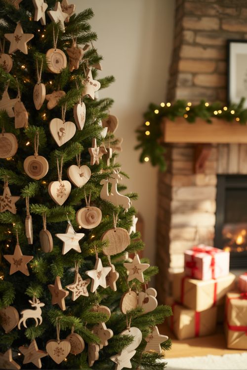 Handmade Wooden Christmas Ornaments on Cozy Tree