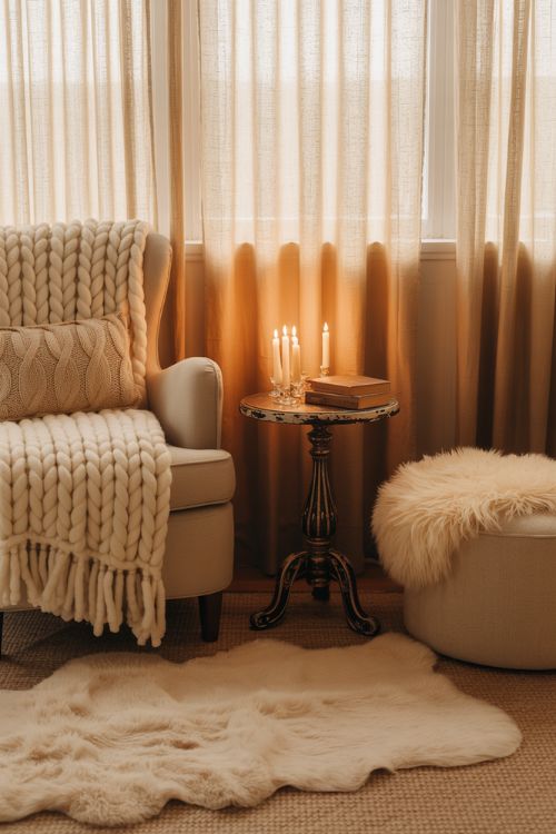 Cozy living room corner with wool blanket, chunky knit pillow, faux fur throw, layered rugs, and candles creating a warm winter atmosphere.