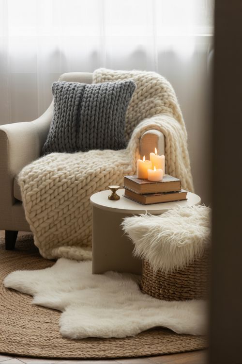Cozy living room corner with wool blanket, chunky knit pillow, faux fur throw, layered rugs, and candles creating a warm winter atmosphere.