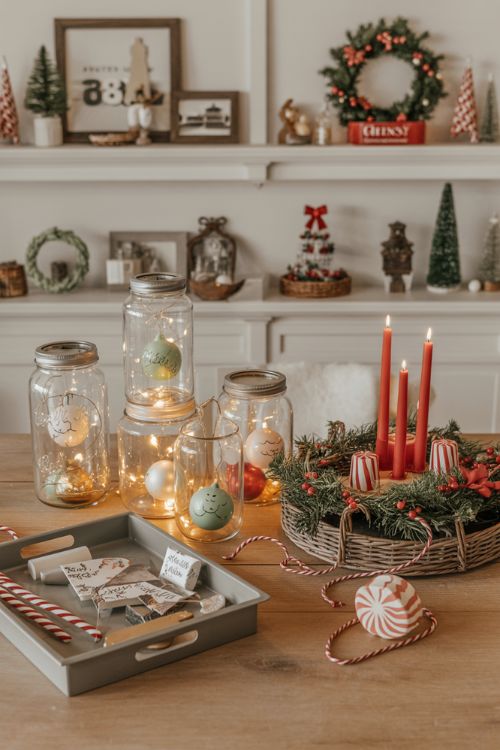 Indoor Christmas decor created from dollar store finds, including mason jars with fairy lights, trays with peppermint candles and faux greenery, mini wreaths, and festive figurines, styled to create a cozy and budget-friendly holiday scene.