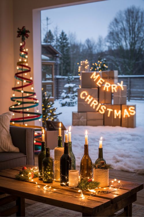 Indoor and outdoor holiday decor featuring upcycled and repurposed items, including wine bottle candle holders, fabric scrap tree skirts, and leftover boxes with fairy lights, creating a cozy, festive, and budget-friendly Christmas atmosphere.