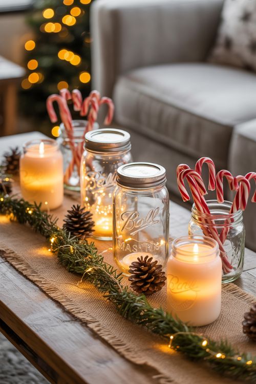 "Indoor scene with budget-friendly DIY Christmas decor, including mason jar lanterns with fairy lights, pine cone candle jars, burlap and evergreen centerpieces, and candy cane heart jars, creating a cozy and festive holiday atmosphere.