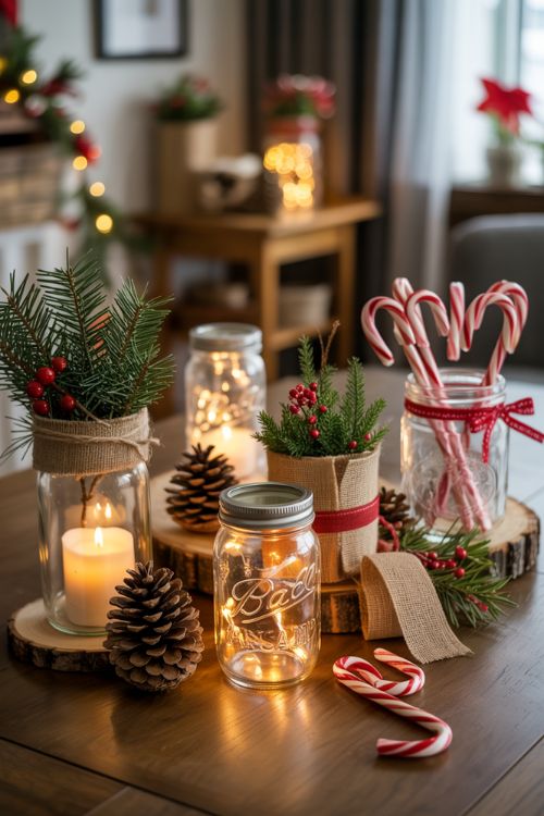 Indoor scene with budget-friendly DIY Christmas decor, including mason jar lanterns with fairy lights, pine cone candle jars, burlap and evergreen centerpieces, and candy cane heart jars, creating a cozy and festive holiday atmosphere.