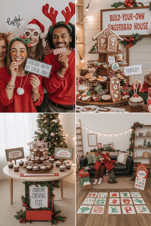 Interactive Christmas party decor with photo booth props, gingerbread house station, festive dessert table, and cozy game areas with holiday trivia.