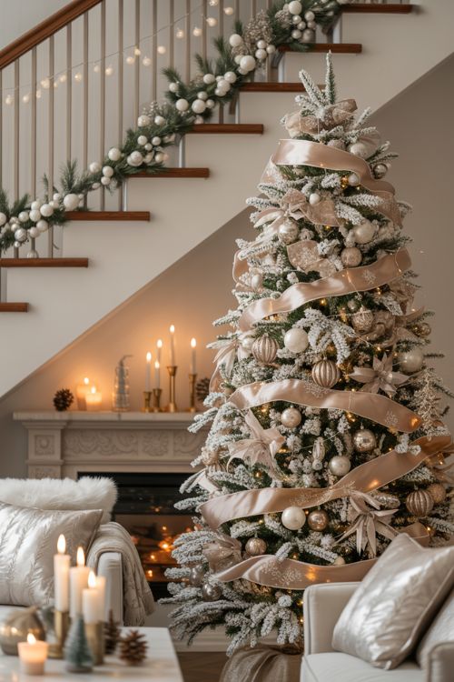 Luxury Christmas home with a frosted white tree, velvet ribbons, metallic ornaments, pearl garlands, warm lighting, and plush textures.