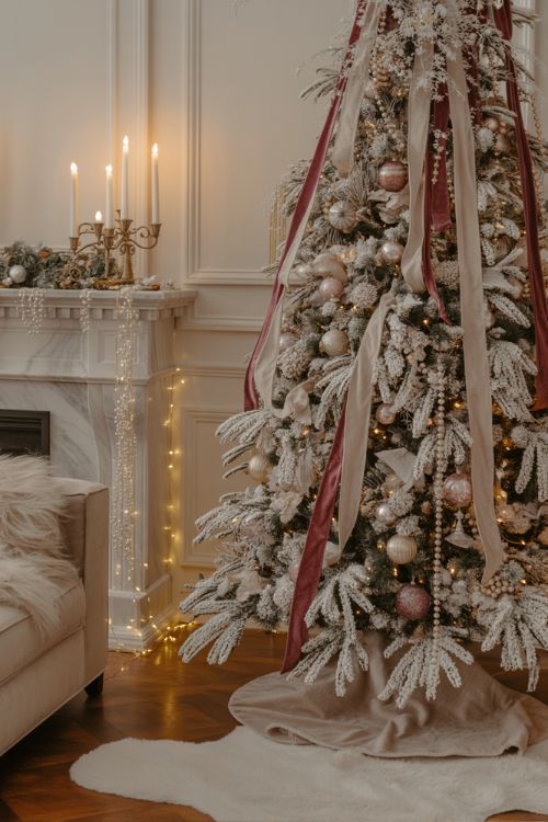 Luxury Christmas home with a frosted white tree, velvet ribbons, metallic ornaments, pearl garlands, warm lighting, and plush textures.