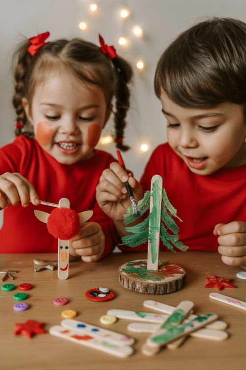 Kids Creating Popsicle Stick Christmas Ornaments