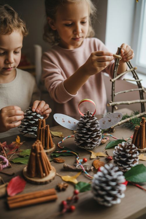 Kids Making Pinecone and Natural Material Christmas Ornaments