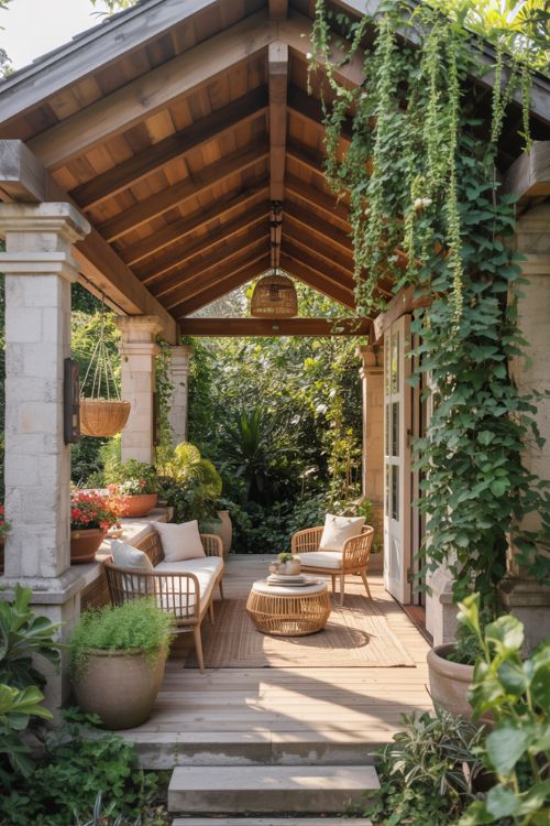 Landscaping and Natural Elements – Covered Patio Blended with Garden Design