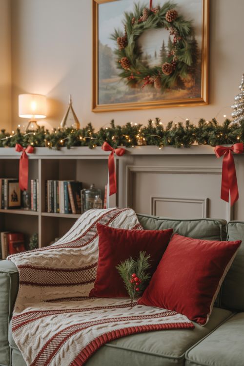 Small apartment living room decorated for Christmas with wreaths on art, ribbons on chairs, and garlands on shelves, showing cozy, space-saving holiday decor using existing furniture